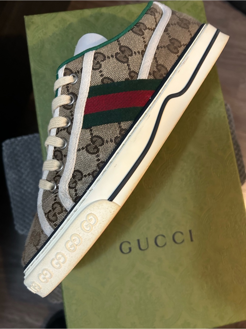 Gucci Brown GG Canvas Sneaker with Green & Red Web Stripe